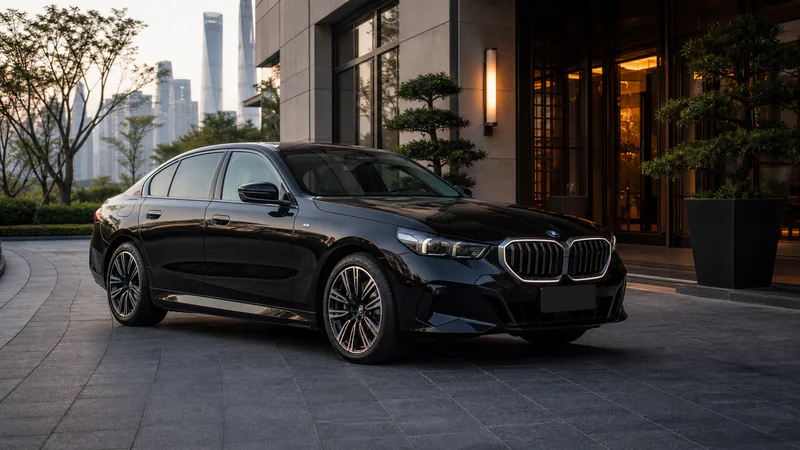 Black BMW i5 at a Shanghai hotel entrance