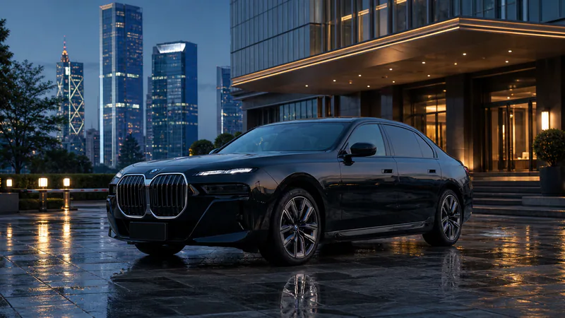 Black BMW i7 at a Shenzhen hotel entrance