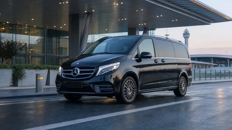 Black Mercedes V-Class at an airport arrival lane