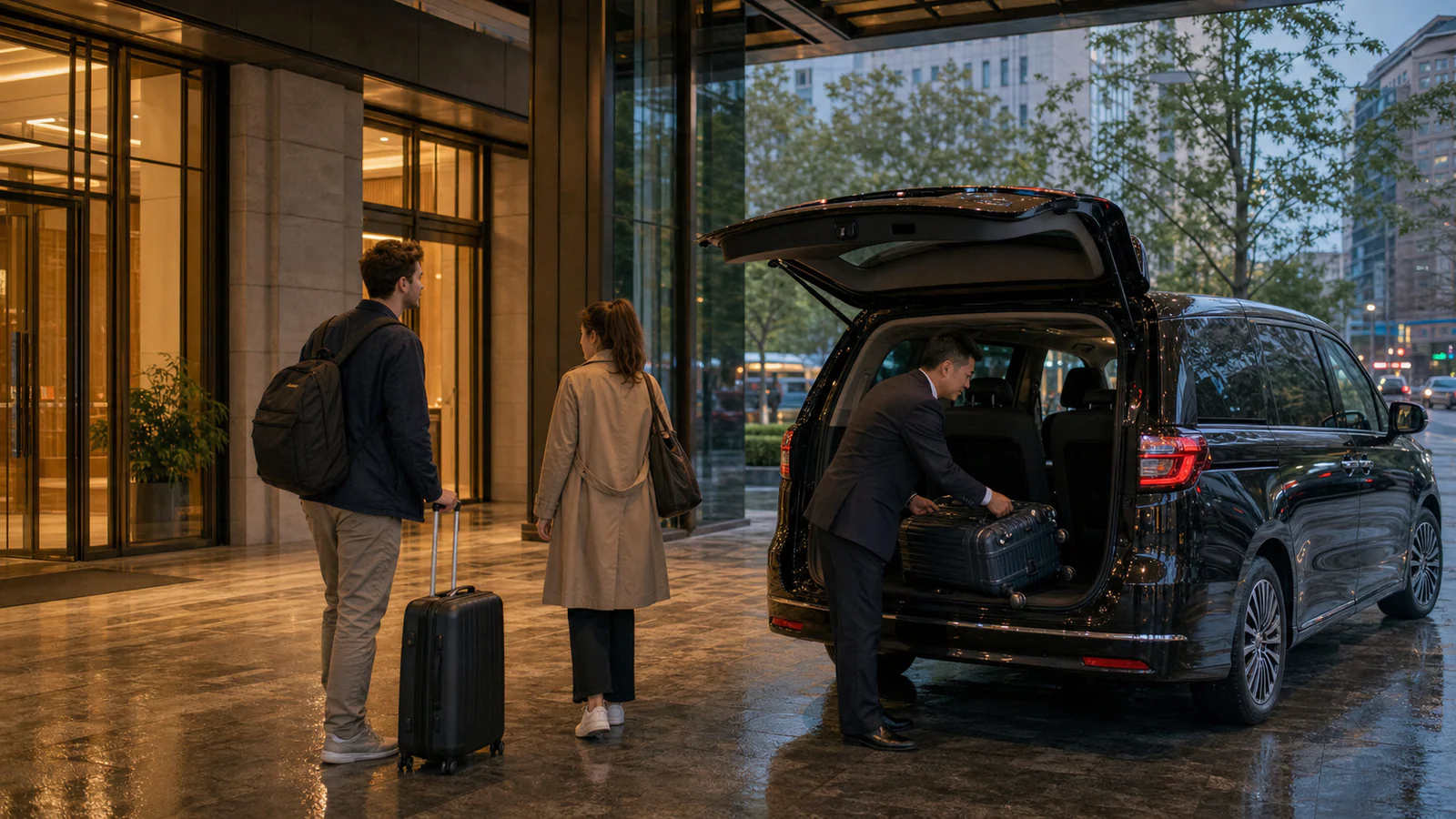 Two travelers arriving at a city hotel in China while their chauffeur unloads the luggage
