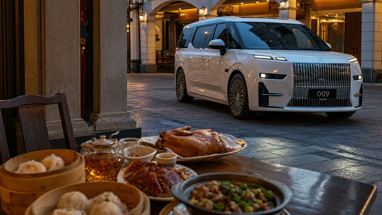 Cantonese dinner beside a pearl white ZEEKR 009 in Guangzhou