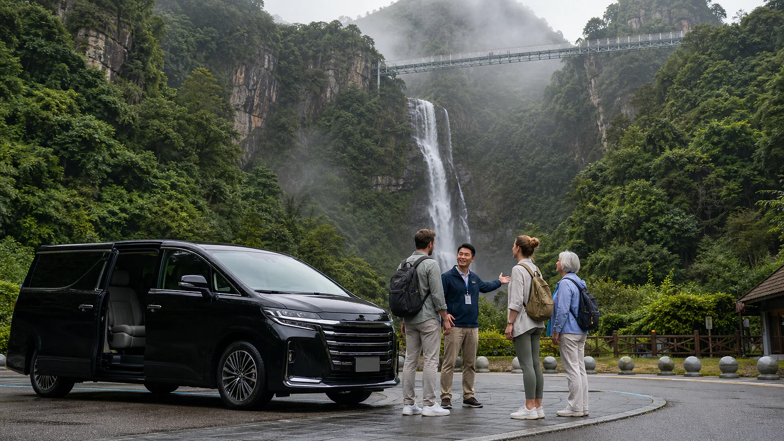 Travelers arriving by private vehicle for a day trip to Gulong Gorge in Qingyuan