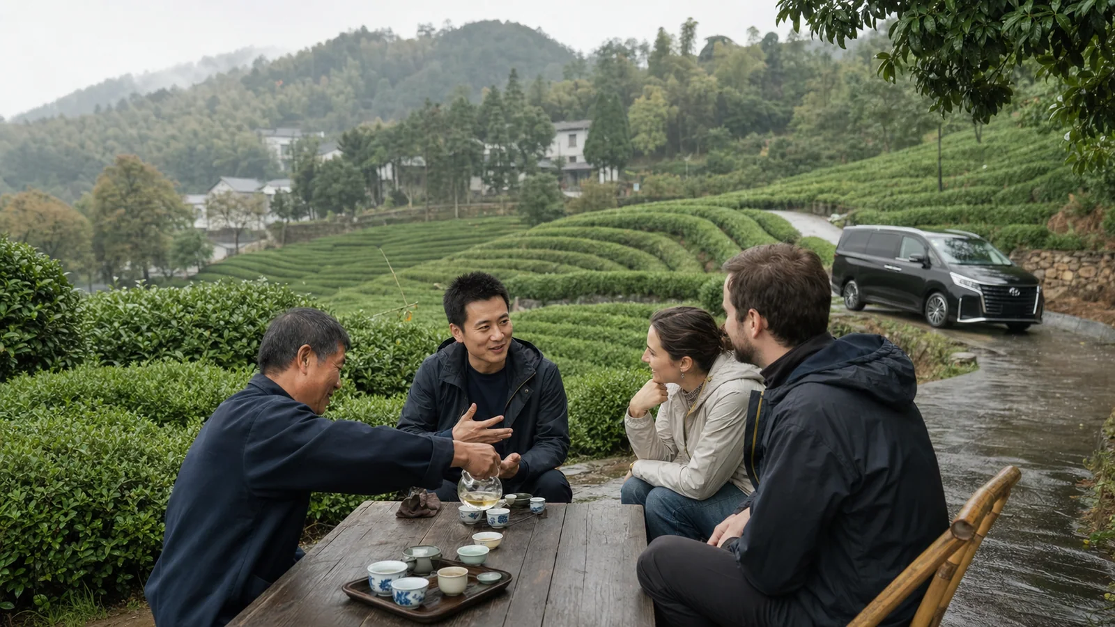 Travelers sharing tea with a local grower and private guide in the Longjing hills near Hangzhou