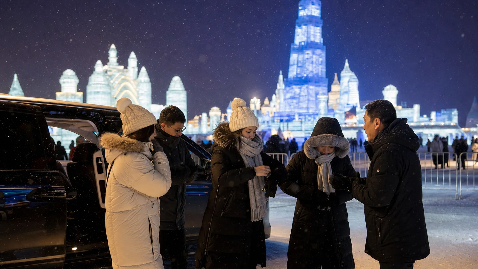 Winter travelers preparing beside a private MPV before entering Harbin Ice and Snow World
