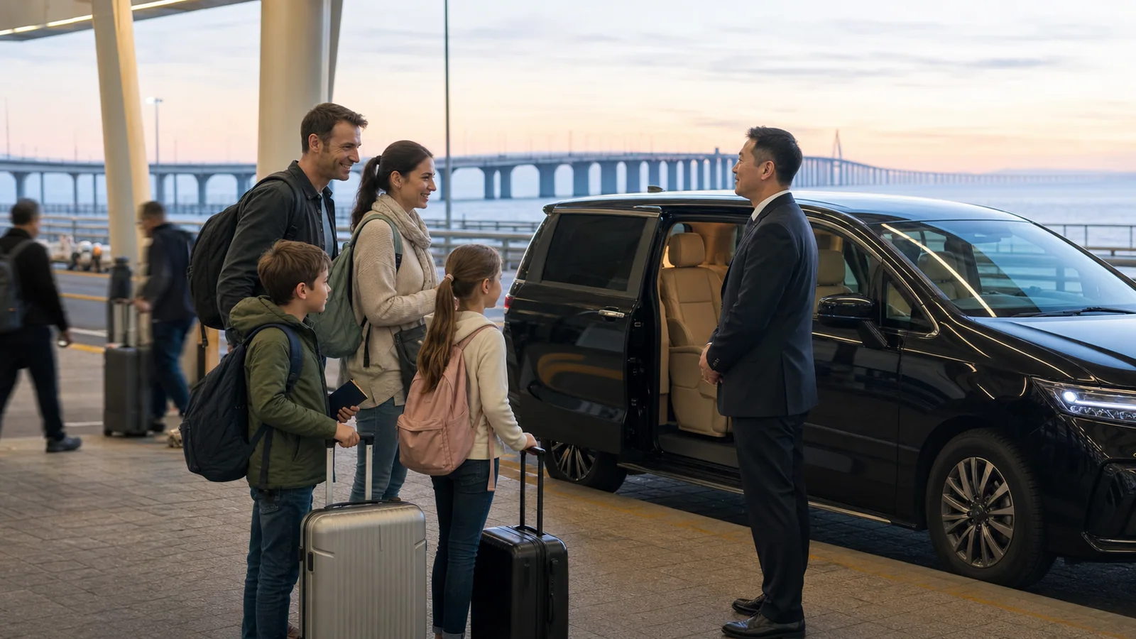 Family meeting a chauffeur beside a cross border MPV near the Hong Kong Zhuhai Macao Bridge
