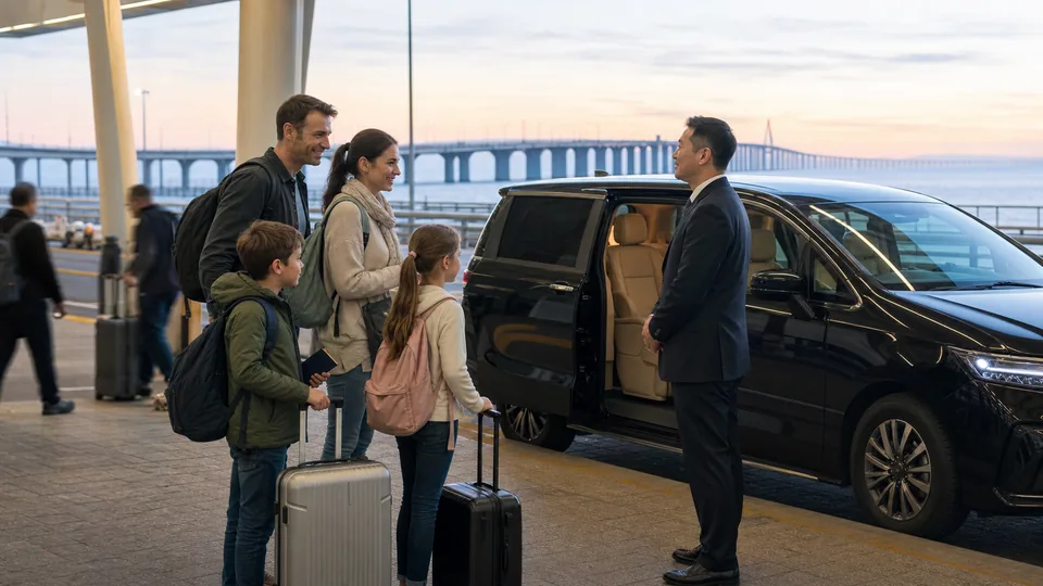 Family meeting a chauffeur beside a cross border MPV near the Hong Kong Zhuhai Macao Bridge