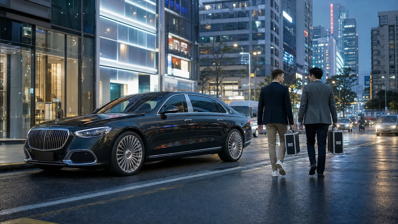 Maybach S480 meeting international electronics buyers in Shenzhen at blue hour