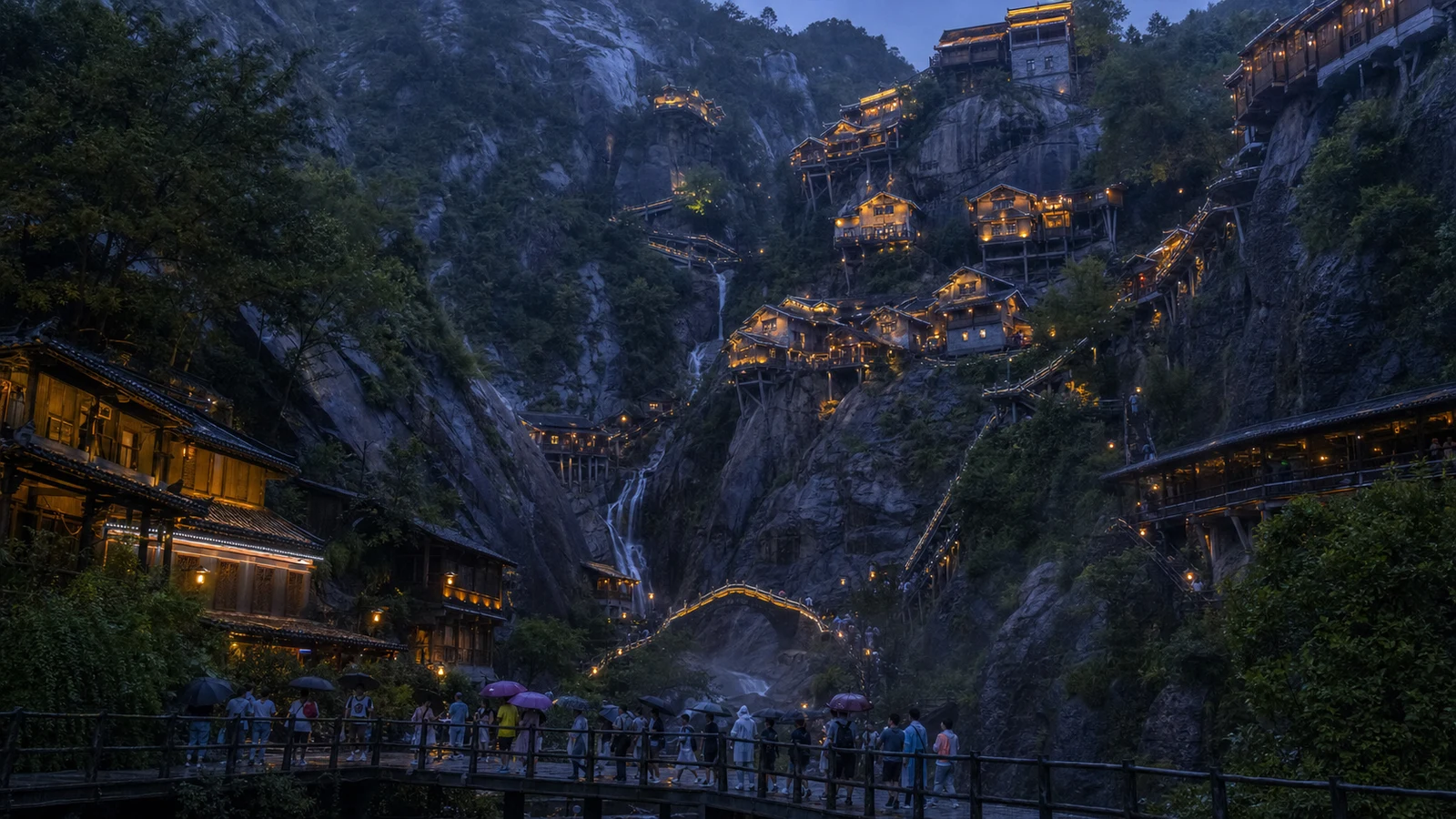 Wangxian Valley buildings glowing against wet granite cliffs at blue hour