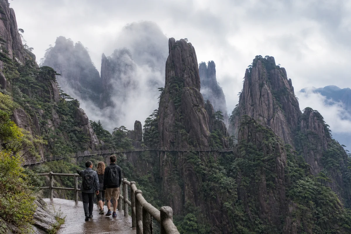 Travelers walking among granite peaks, pine and mist on Mount Sanqingshan