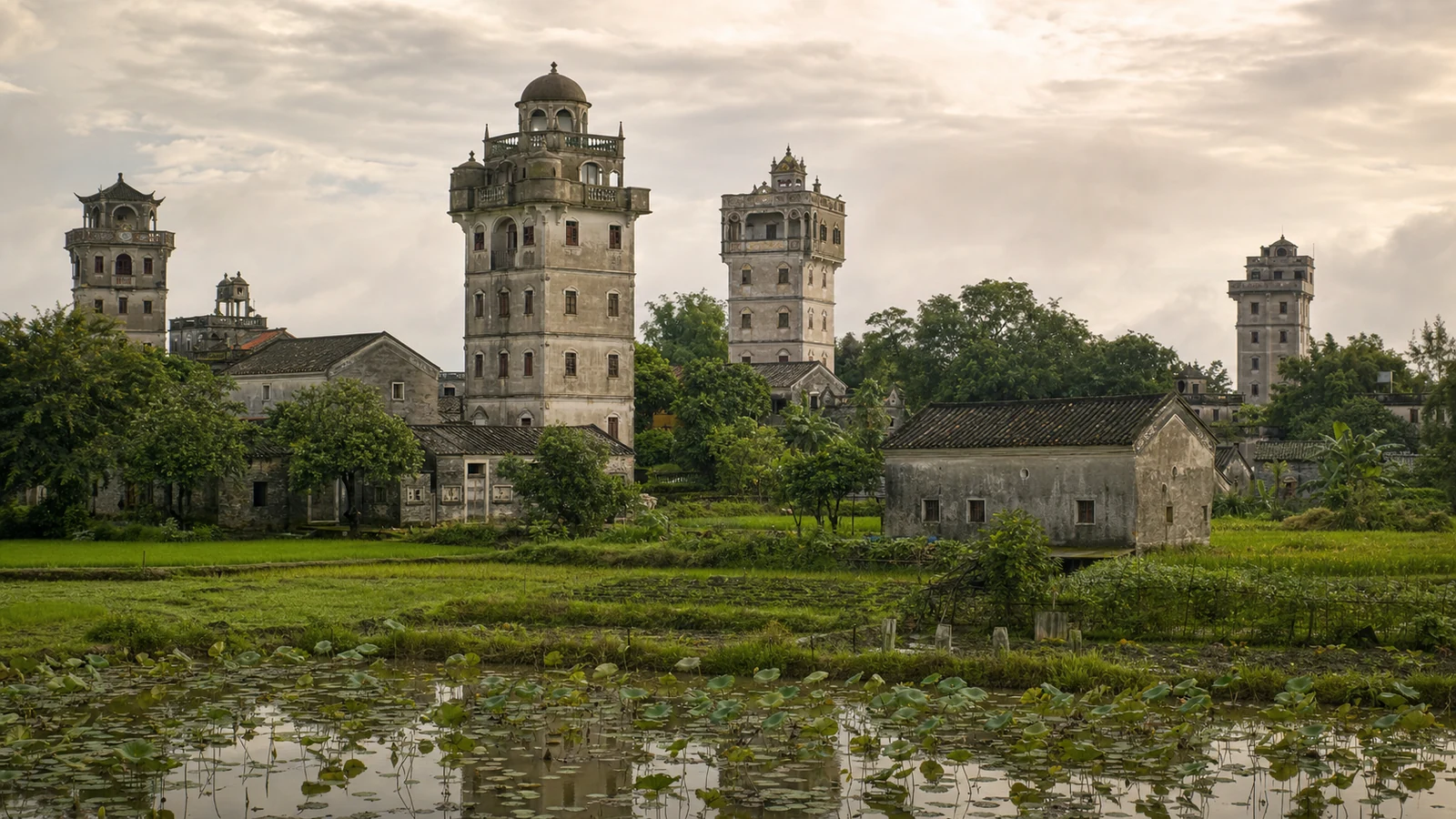 Kaiping diaolou rising above village homes, rice fields and lotus ponds in Guangdong