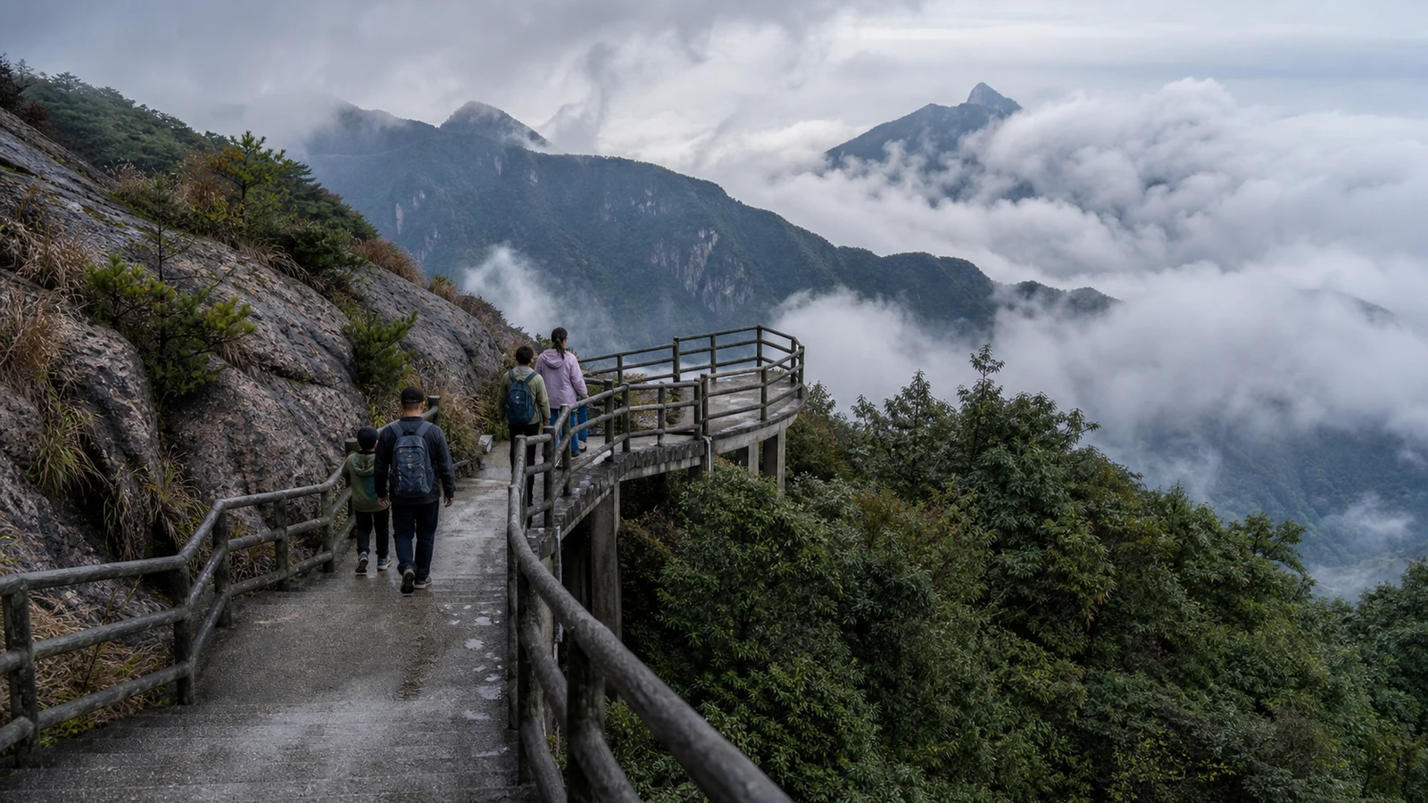 Family walking on a broad cliff path above cloud at Mangshan Wuzhifeng