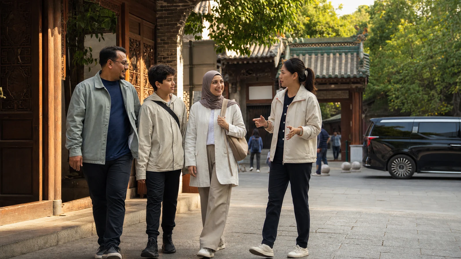 Muslim family walking with a local guide in a historic Chinese Islamic neighborhood in Xi’an