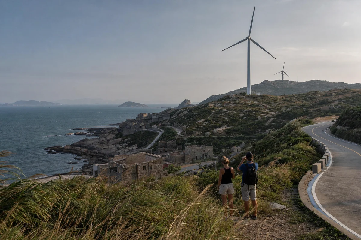 Travelers looking across the Pingtan coastal road, stone village and wind turbines