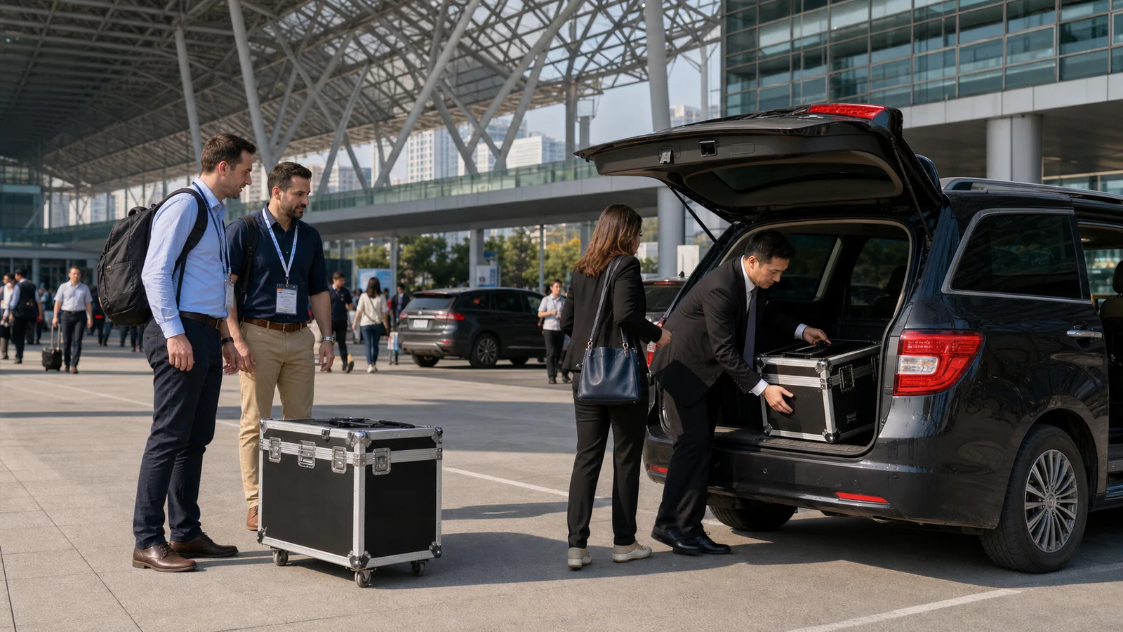 Business delegation arriving by private vehicle for a major trade exhibition in Guangzhou