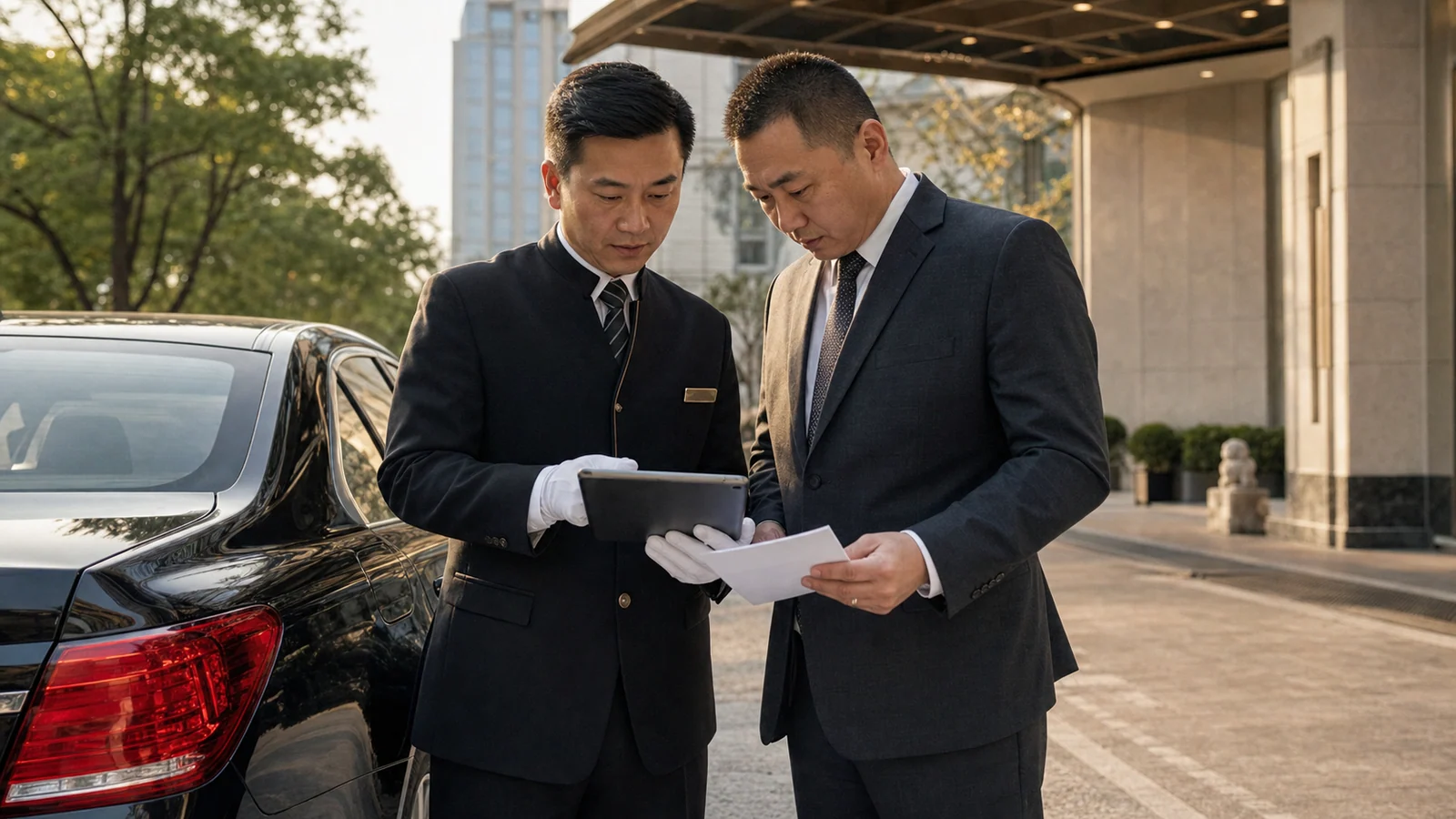 Professional chauffeur reviewing a private journey schedule before an executive pickup in China