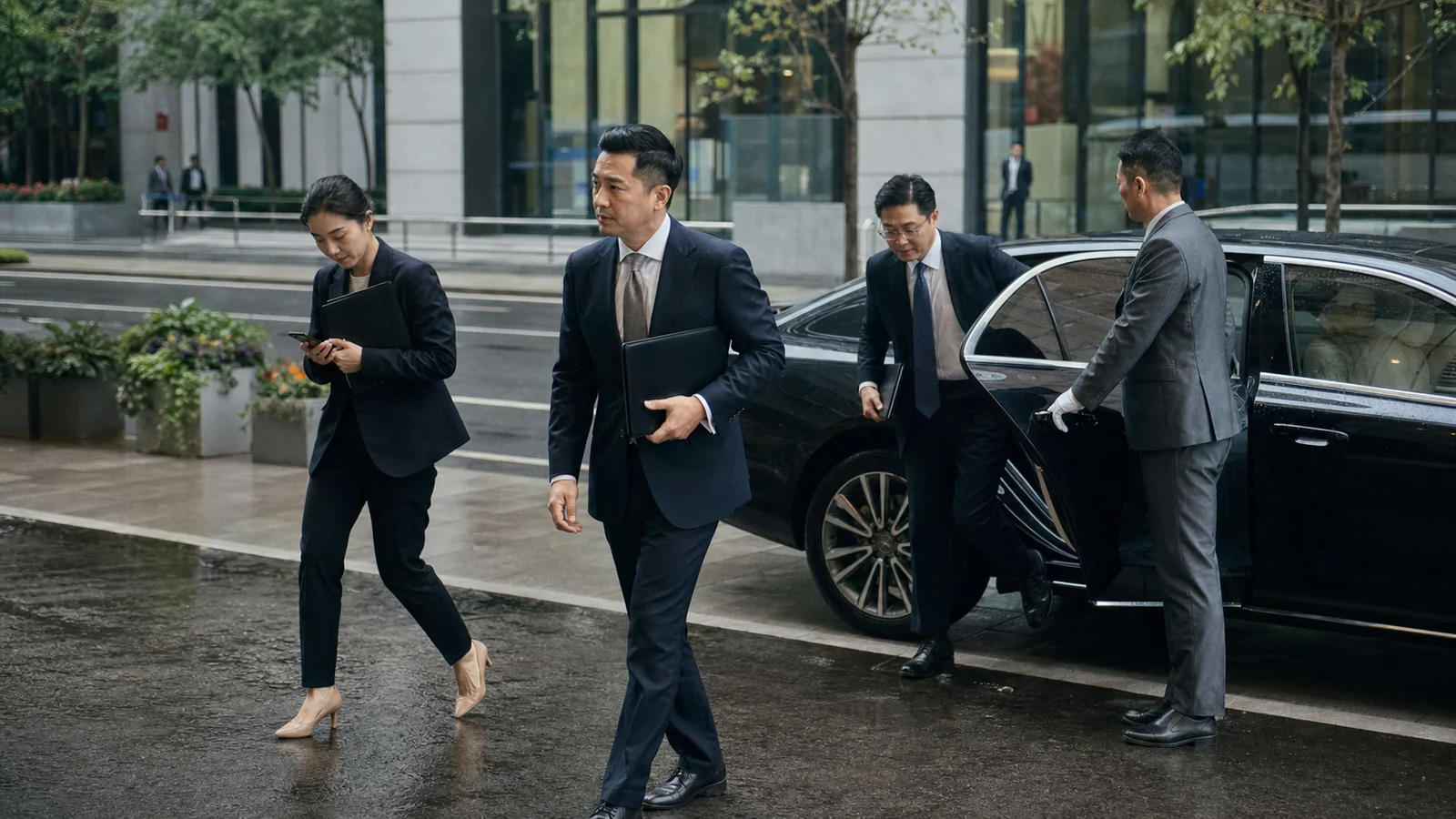Executive chauffeur waiting beside a private vehicle during a multi meeting China roadshow