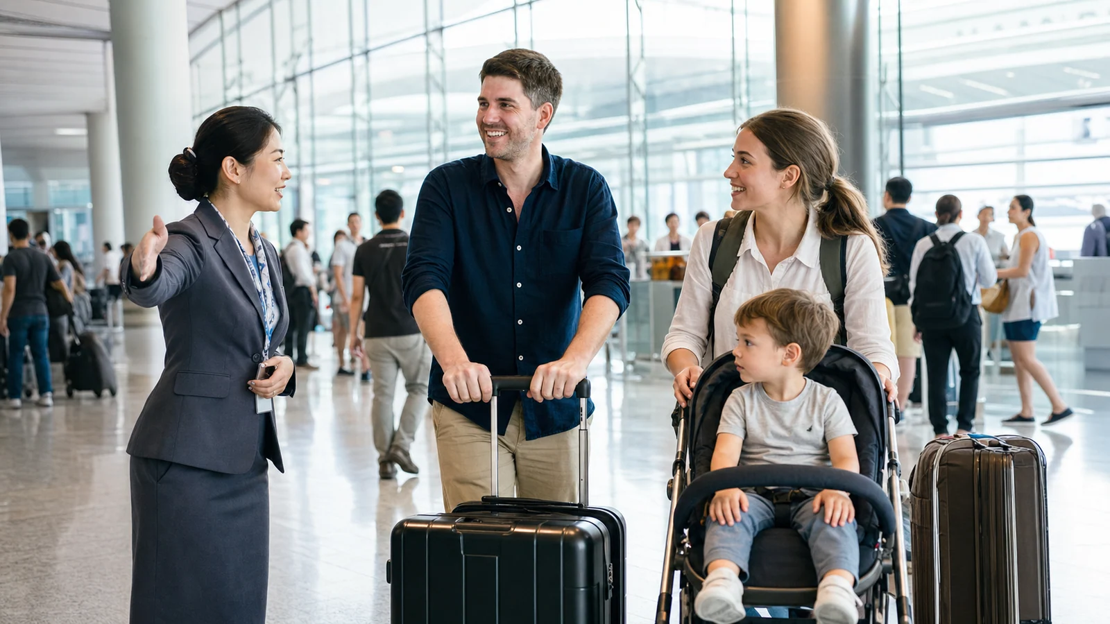 Professional airport assistant welcoming international passengers inside a major airport in China