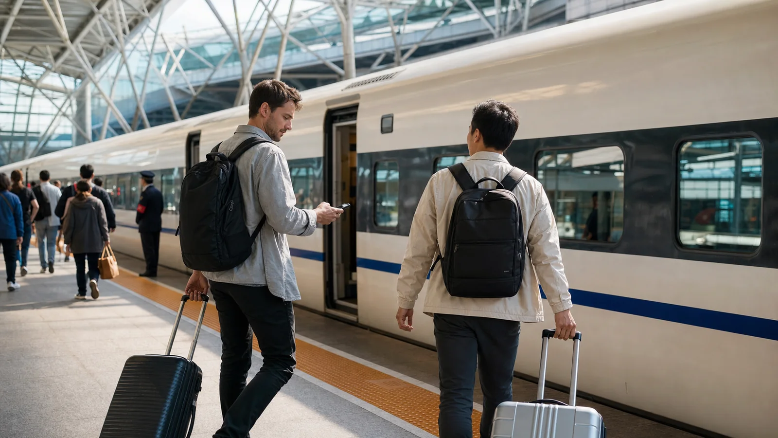 Two international travelers with suitcases boarding a Chinese high speed train
