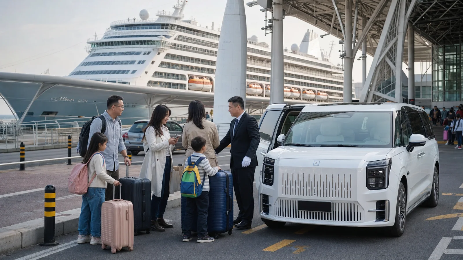 International cruise guests meeting a smart chauffeur beside luggage at a Shanghai terminal