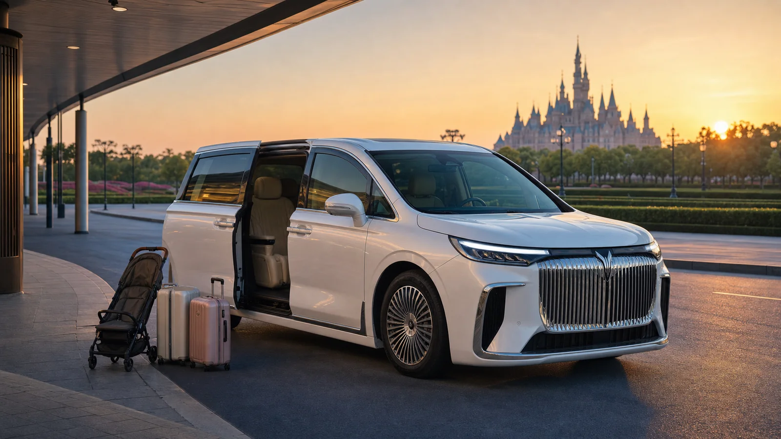 Silver VOYAH Dreamer with family luggage near Shanghai Disneyland at sunrise