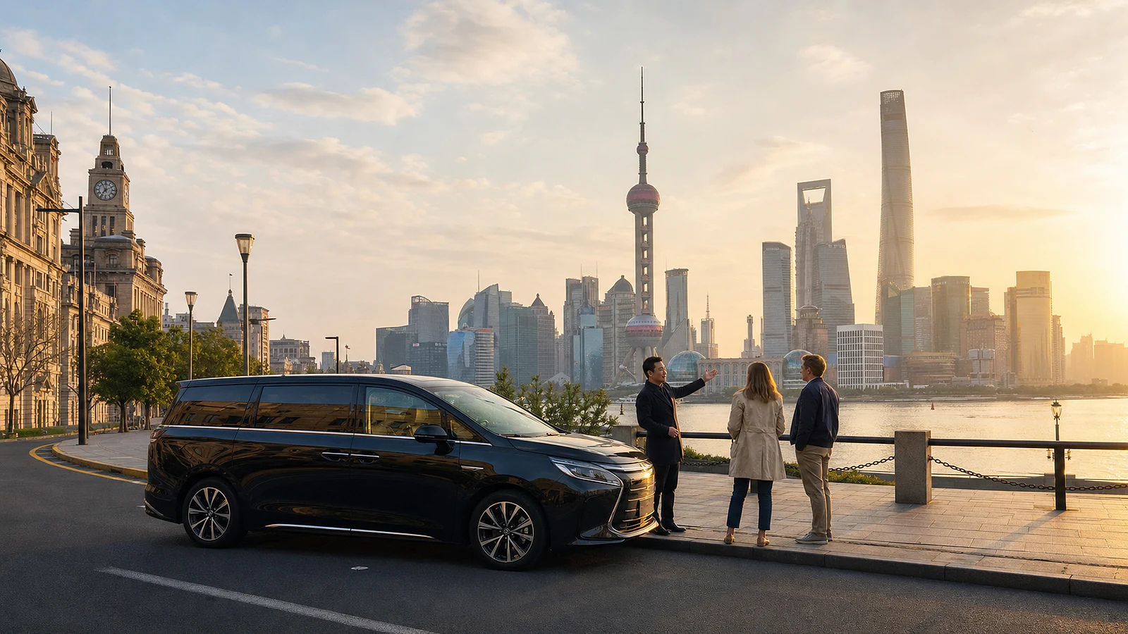 A private chauffeur, local guide and travelers beginning a Shanghai tour at the Bund