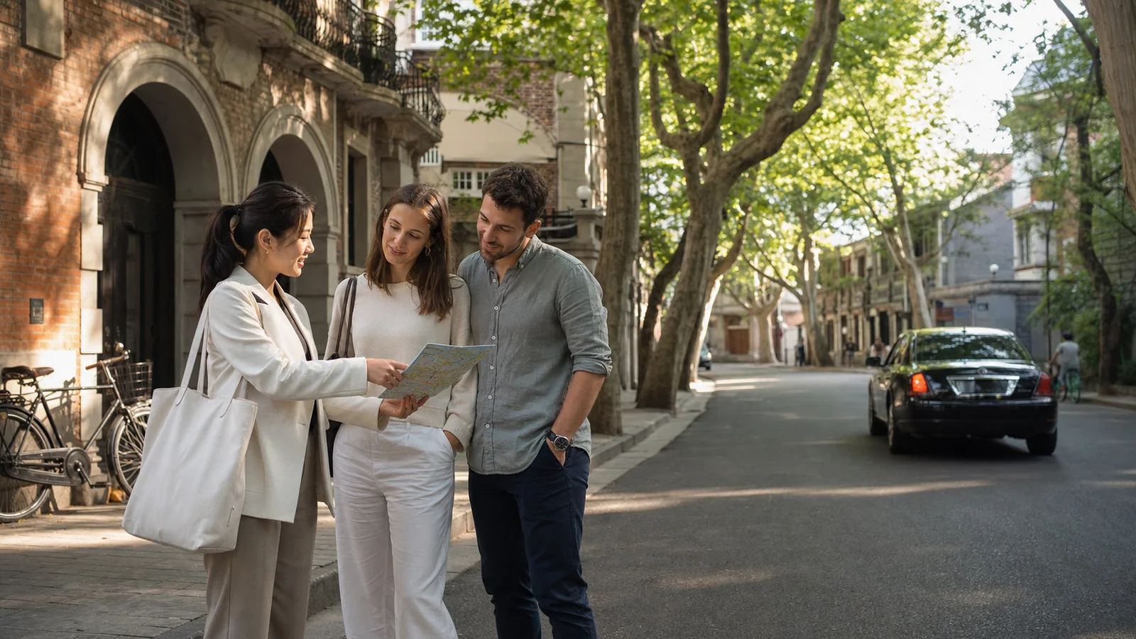 Private guide sharing a Shanghai route with international travelers on a leafy historic street