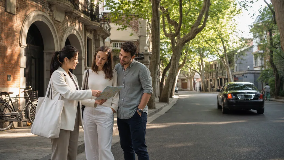 Private guide sharing a Shanghai route with international travelers on a leafy historic street