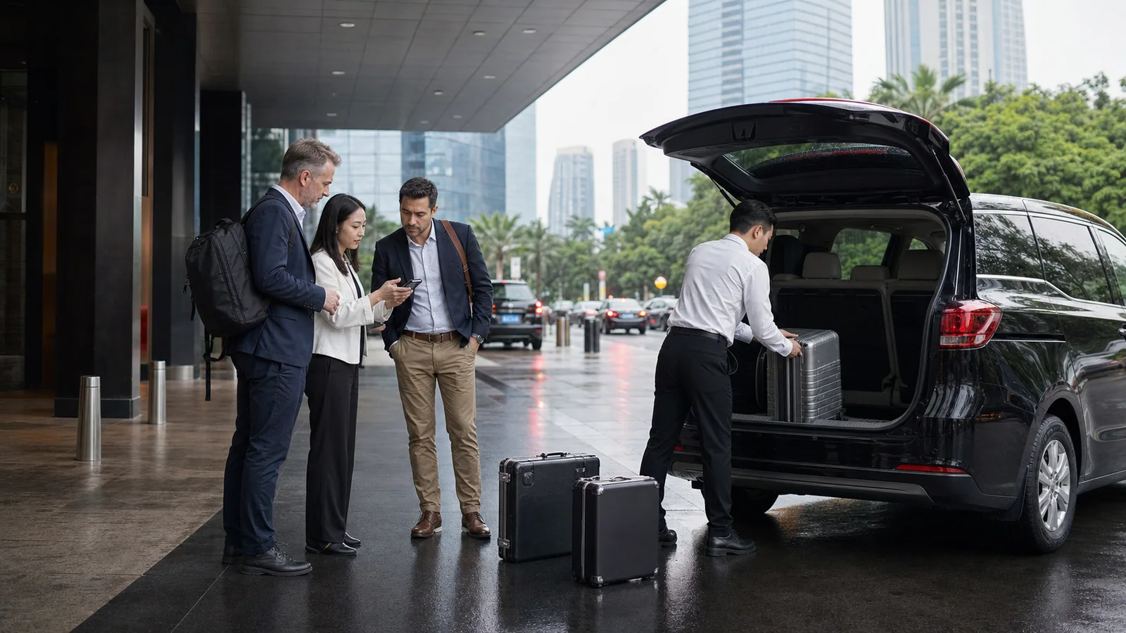 Business travelers reviewing a Shenzhen to Guangzhou route while their chauffeur loads sample cases