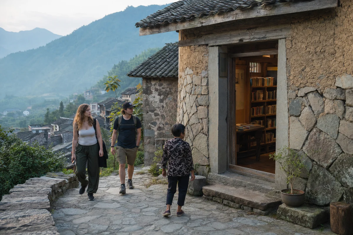 Travelers passing a restored rural bookshop on a stone lane in Chenjiapu village