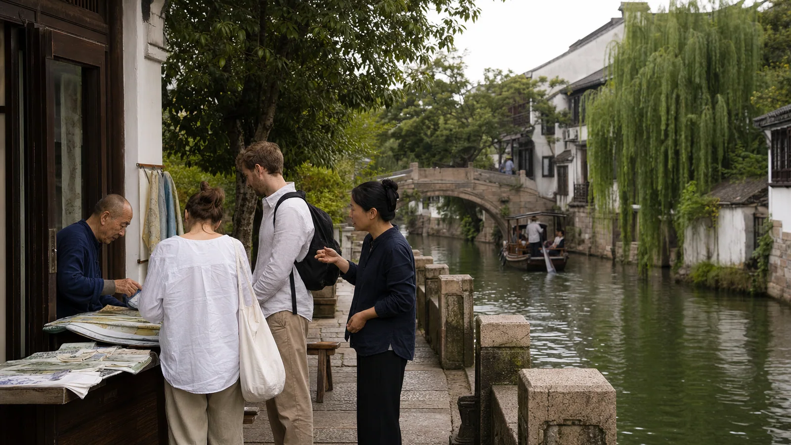 International visitors exploring a quiet Suzhou canal neighborhood with a local private guide