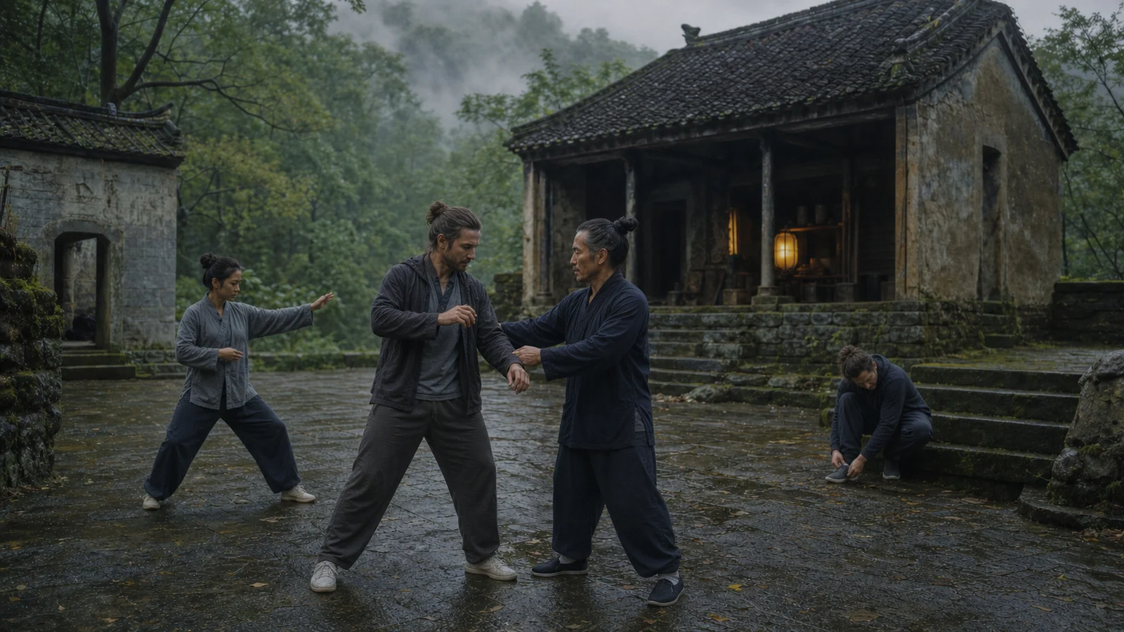 Editorial scene of a Taoist teacher guiding martial arts practice in a quiet Wudang mountain temple courtyard