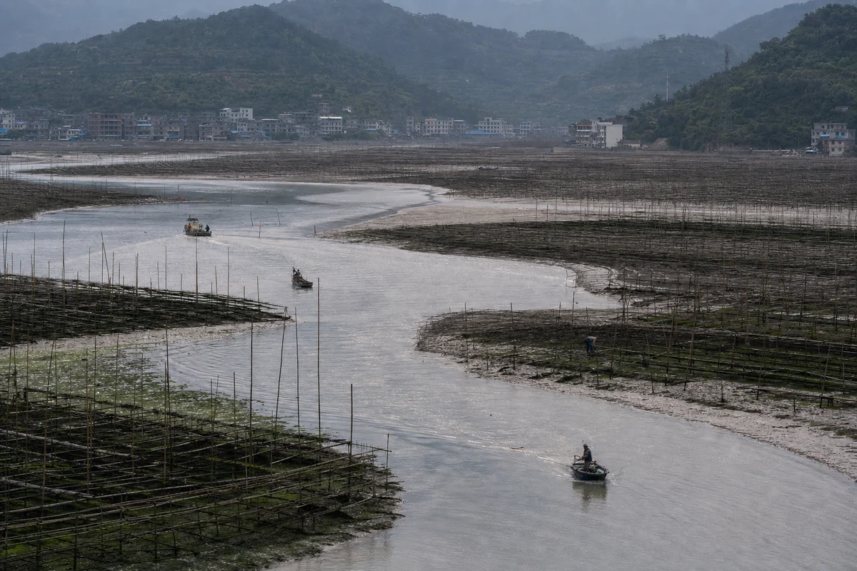 Small fishing boats moving through the curving tidal channels and aquaculture structures of Shajiang S Bay in Xiapu
